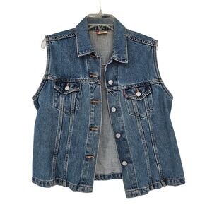 90s Levis Denim Classic Trucker Vest M Cinch Back Medium Wash Vintage Casual USA